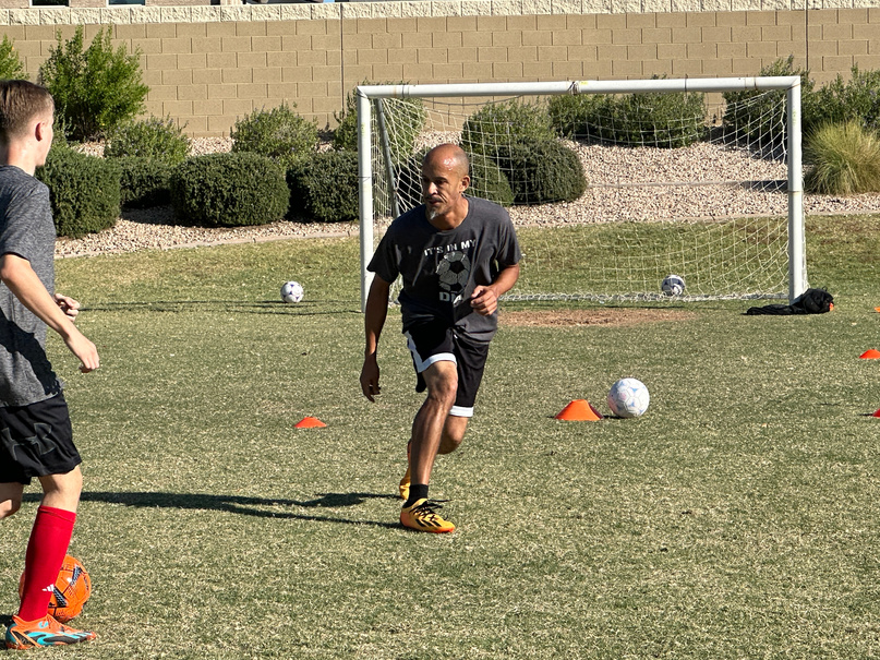 Coach Tyrone instructing soccer. Footwork, technical skills, defense skills in San Tan Valley and Queen Creek, Arizona